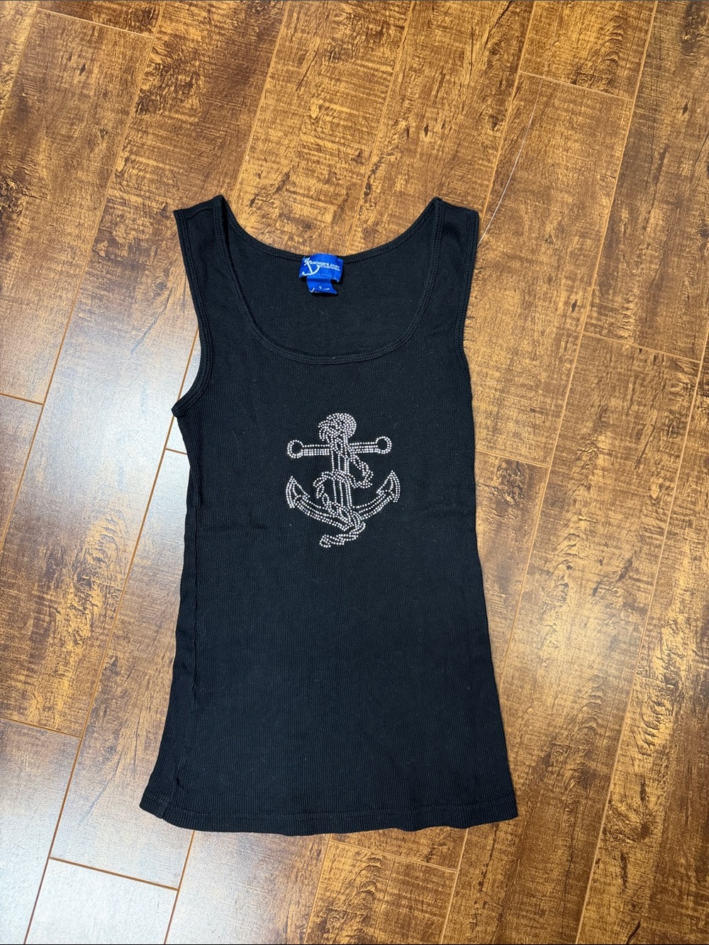 Women's Black Tank Top with Anchor Rhinestone Design